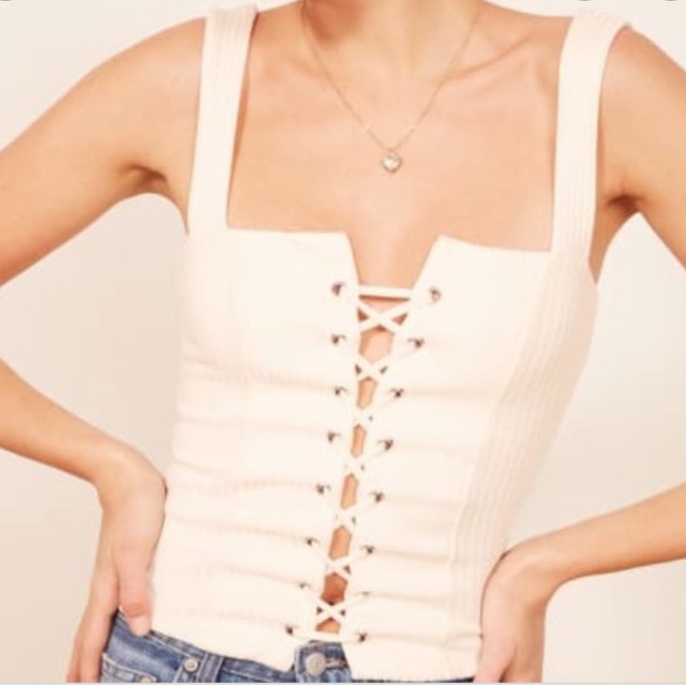 Reformation Sawyer Off White Ribbed Lace Up Tank
